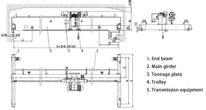 Low profile overhead crane and low headroom overhead crane drawing