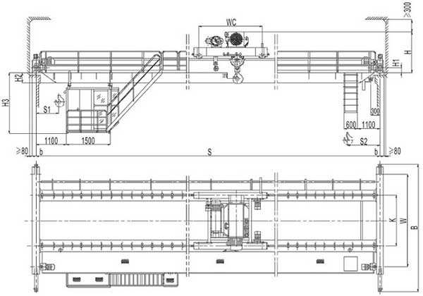 Crane drawing of double girder overhead crane with double rail hoist trolley 