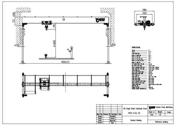 5 ton overhead crane single girder design drawing 