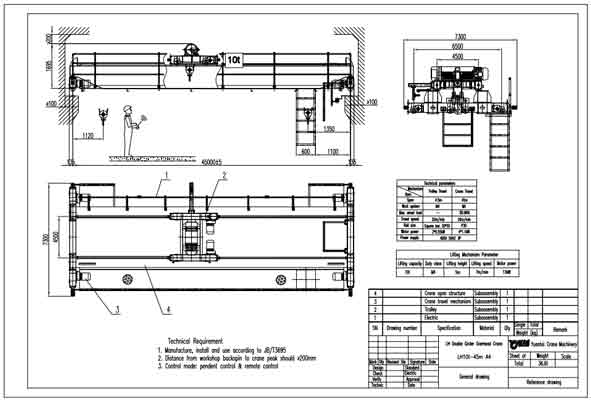 Lh type double girder overhead crane 10 ton with cd/md hoist trolley drawing 