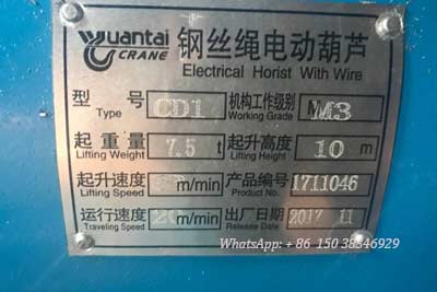 Name plate of 7.5 ton overhead crane hoist Iraq project