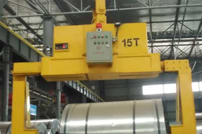 15 ton overhead coil handling crane with  clamps for horizontal coil handling 