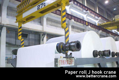 Paper mill crane with customized j hook spreader 27 ton 