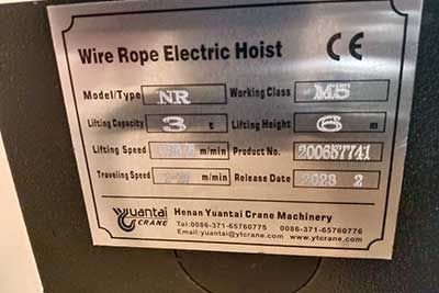 NR type electric hoist, 3 ton, 6 m lifting height