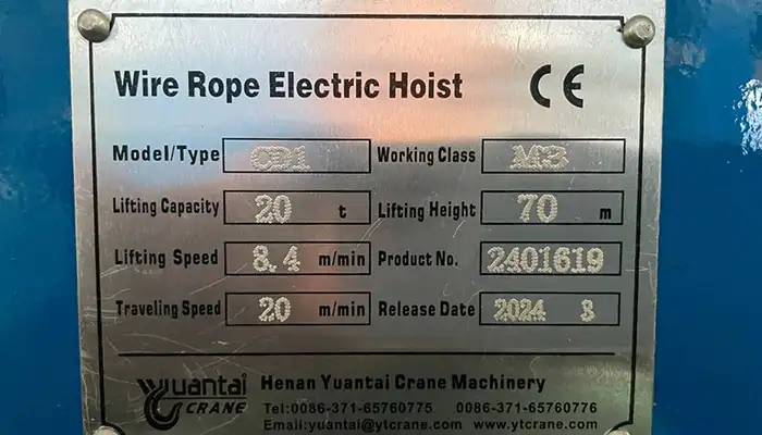 nameplate of 20 ton electric wire rope hoist 