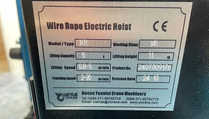  Nameplate of electric hoist 